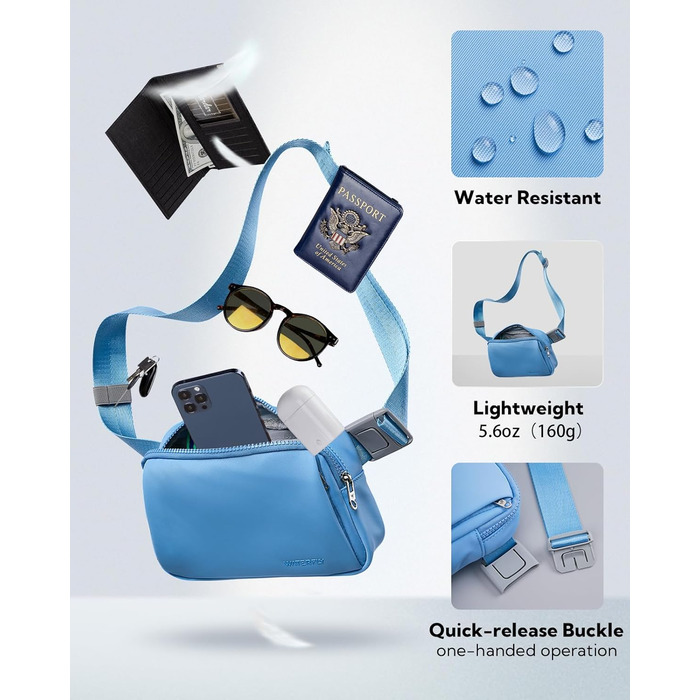 WATERFLY Поясна сумка на пояс для чоловіків та жінок: Стильна нагрудна сумка для спорту та моди, через плече, водонепроникна, маленька сумка на стегно для активного відпочинку, подорожей, походів, фестивалів (Світло-блакитна)