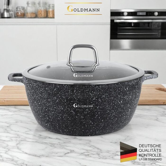 Каструля Goldmann 28 см з антипригарним покриттям, 6,5 л, з кришкою, для всіх плит, екологічна