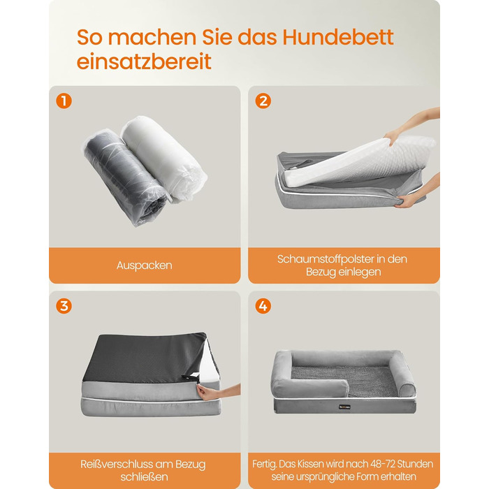 Ортопедичне ліжко для собак Feandrea, м'яке, з високими бортиками, 112x86x18 см, сірий колір, знімний чохол