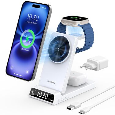 MagSafe Зарядна станція 3-в-1 для Apple Watch та iPhone 15/16/17 Pro Max, бездротовий зарядний пристрій для AirPods (25W адаптер, білий)