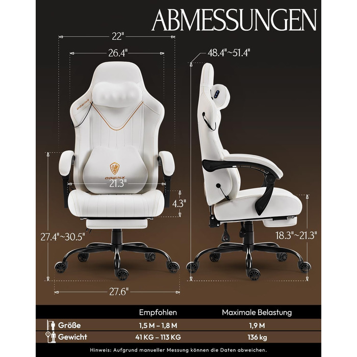 Ігровий крісло Dowinx з масажем, ергономічний дизайн, підтримка попереку та шиї, до 135 кг, шкіра, для дорослих (білий)