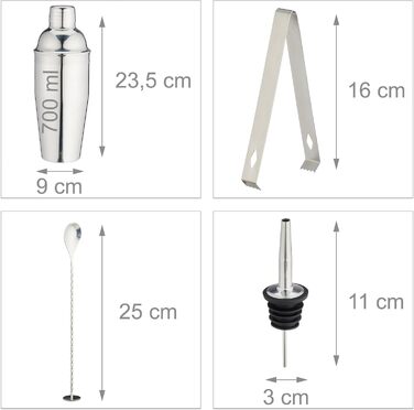 Набір для коктейлів Relaxdays 16 предметів: барний набір зі стійкою, шейкер, джигер, барна ложка, щипці, нержавіюча сталь та бамбук, сріблястий/натуральний