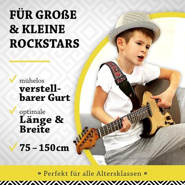 Гітарний ремінь Belfort® для електрогітари, акустичної гітари, бас-гітари та укулеле - для дорослих та дітей, з мікрофібри + E-BOOK (Vintage)