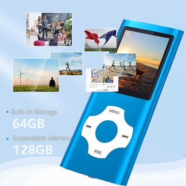 MP3/MP4 плеєр Hotechs 32GB, блакитний: цифровий дисплей, FM-радіо, тонкий дизайн