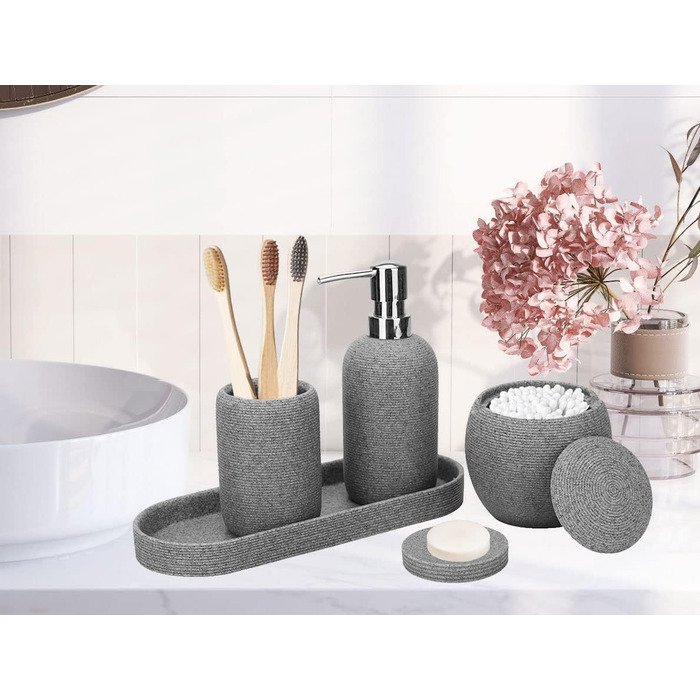 Набір аксесуарів для ванної кімнати з штучного каменю, 5 предметів: диспенсер для лосьйону, мильниця, тримач для зубних щіток, попільничка, тримач для ватних паличок, сучасний декор для ванної кімнати (сірий)