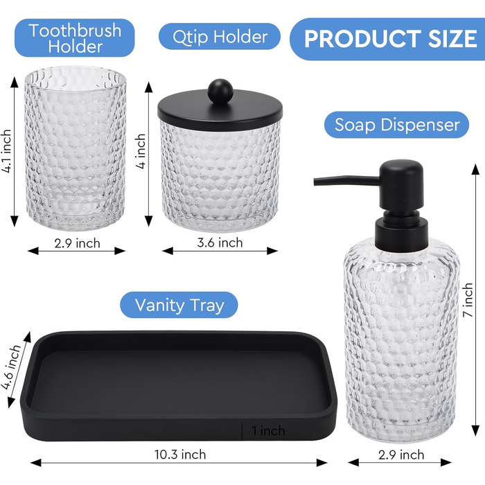 Набір аксесуарів для ванної кімнати, 4 шт., янтарне скло: диспенсер для мила, тримач для зубних щіток, контейнер для ватних паличок та піднос з штучного каміння. Організатор для стільниці, янтарний колір (прозорий та матовий чорний піднос)