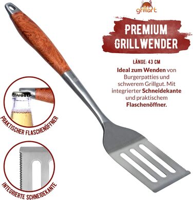 Набір гриль-посуду Grillart® Premium: 3 предмети з нержавіючої сталі та дерев'яними ручками (щипці, лопатка, виделка)