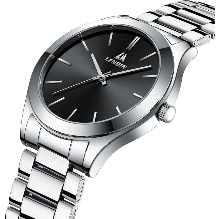 Годинник чоловічий LENQIN з нержавіючої сталі, аналоговий кварцовий годинник, водостійкий (30м), для бізнесу та повсякденного носіння, срібно-чорний (02)