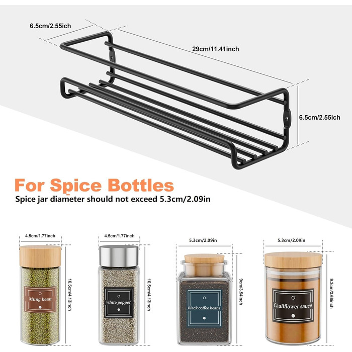 Настінна полиця для спецій, 4 шт. Організатор для спецій без свердління, металевий підвісний тримач для спецій з 8 самоклеючими та гвинтовими кріпленнями, для кухонної шафи/комори, чорний