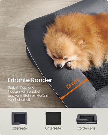 Feandrea Orthopedic Dog Bed, Dog Cushion, Dog Basket, Soft Padding, Dog Sofa, Raised Edges, Removable and Washable Cover, 91 x 71 x 20 cm, Non-Slip Bottom, PGW076G01 (L 76 x W 51 x H 18 cm, Dark Grey)