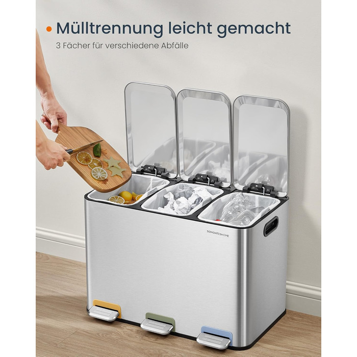 Сміттєвий відер SONGMICS HOME POPNEX LTB740B02 для кухні, система сортування сміття з 3 відсіками по 15 л, сталевий, сріблястий