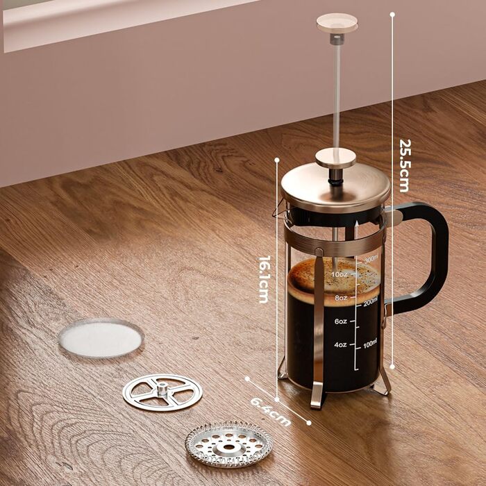 Френч-прес для кави 350мл з нержавіючої сталі, скляний, для дому, офісу, кемпінгу та подорожей