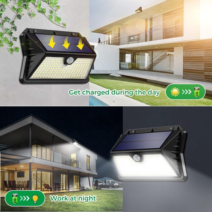 Outdoor Solar Lights with Motion Sensor, Pack of 185 LED, 3 Modes, Waterproof IP65 Solar Lights for Outdoor Use, LED Wall Lights for Wall Mount, Garden, Yard, Garage, Entry Doors (Cool White)