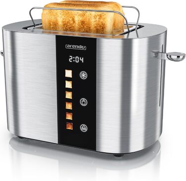 Тостер Arendo з нержавіючої сталі, 2 відділення, сенсорний дисплей, 800 Вт, підставка для булочок, 6 рівнів підсмажування, центрування хліба, таймер, пам'ять (C: Steelsilver)