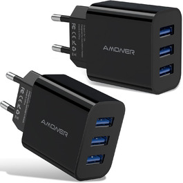 Мережевий адаптер Amoner USB 3-портовий 15W, 2 шт. для iPhone 14/13/12/11/X/8 та інших пристроїв, чорний