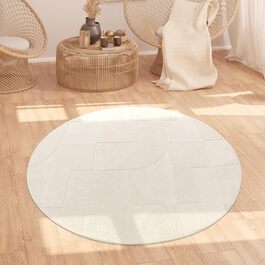 Paco Home Rug Living Room Bedroom High Pile Scandinavian Pattern Boho Look Soft Solid 3D Look Abstract Washable Cream, Size: 120 cm Round 120 cm (Round) Cream - Geometric 1