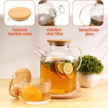 Чайник зі скла 1,8л з дерев'яним кришкою, з ситечком. Скляний чайник з боросилікатного скла, стійкий до високих та низьких температур, безпечний. Підходить для чаю, трав'яного чаю та фруктових напоїв.
