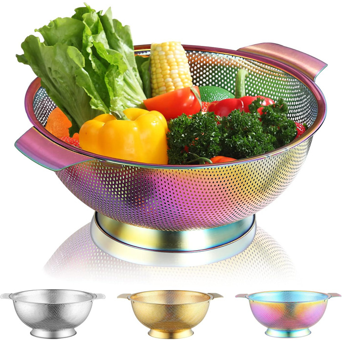 Ситечко Kyraton Gold Colander 5 Quart з нержавіючої сталі з покриттям з титану та золота, професійне, з міцними ручками та кільцем для самостійного зливу, легко миється, придатне для миття в посудомийній машині