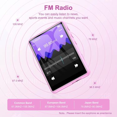 MP3 плеєр SWOFY з Bluetooth 5.3, 64ГБ, HiFi звук, вбудований динамік, FM-радіо та диктофон, 2.4