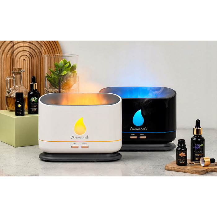 Ультразвуковий зволожувач повітря Aromaholik з ефектом вогню, без BPA, з таймером, LED-підсвіткою та USB-портом