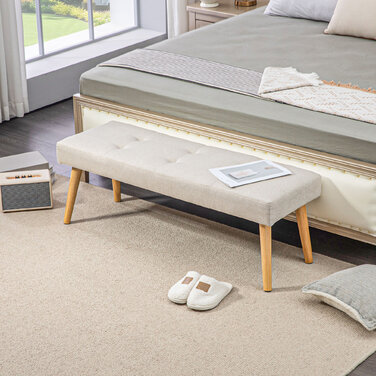 HOMCOM Bench, Upholstered Bench with Linen Look, Button Tufting, Bed Bench with Wooden Legs for Bedroom, Living Room, Hallway, 120 x 41 x 43 cm, Cream | Aosom