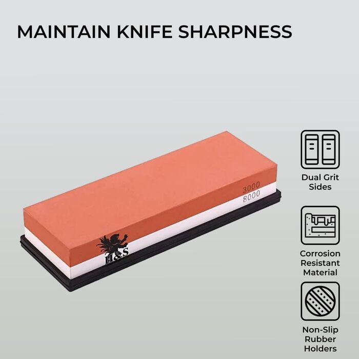 Набір точильного каміння H&S з неслизьким гумовим тримачем: двосторонній точильний камінь та брусок, зернистість 3000/8000, точилка для ножів, набір точильних каменів, мастильний камінь 10000, сталевий брусок