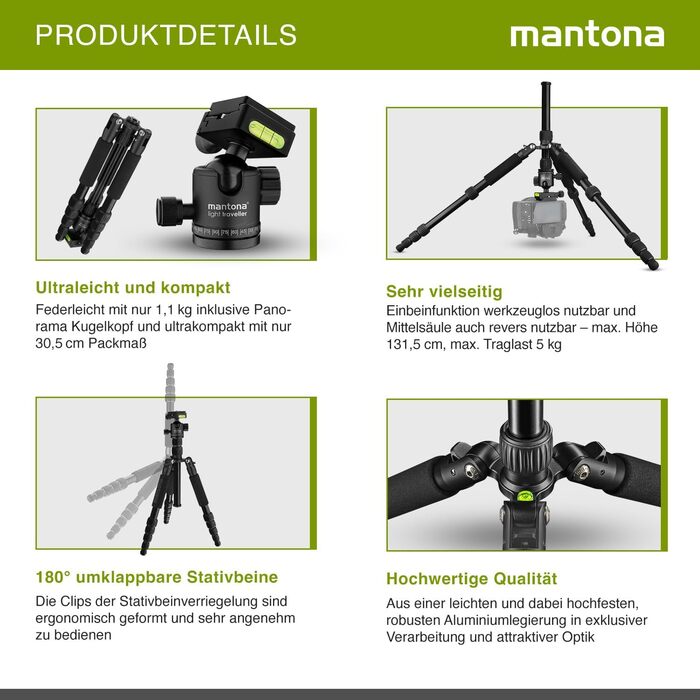 Штатив Mantona Light Traveller 131,5 см чорний: легкий фотоштатив з кульковою головкою та Arca-Swiss, до 5 кг, алюміній