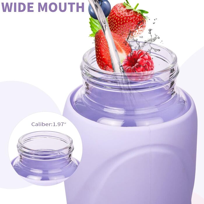 1 liter / 1l Drinking Bottle Glass with Straw BPA Free Glass Bottle with Silicone Sleeve Borosilicate Glass Water Bottle (Light Purple)