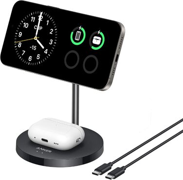 Anker MagGo 15W Magsafe Зарядний пристрій: 2-в-1 Індукційна станція, Qi2 Бездротовий заряд для iPhone 16/15/14/13/12, AirPods Pro, з USB-C кабелем 1.5м, чорний