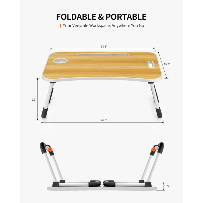 Складаний столик для ноутбука, портативний столик на колінах, приліжковий столик, підставка для ноутбука з тримачем для напоїв та слотом для планшета (Рожевий, Дерево)