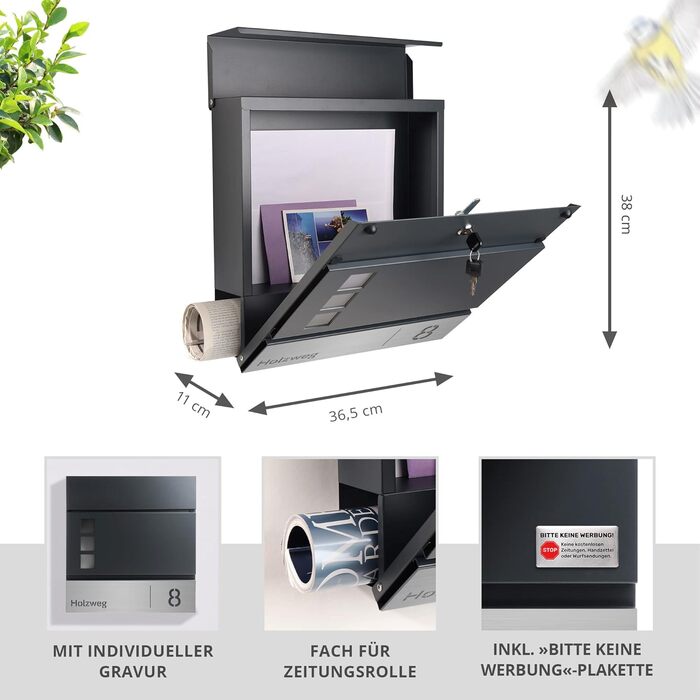 Поштовий ящик Forgard Helsingborg антрацит з газетницею, RAL 7016, персоналізований, з монтажним комплектом. З цинкової сталі, сучасний дизайн.