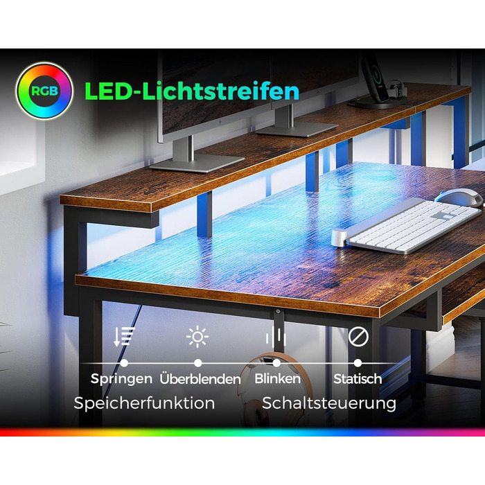 Ігровий стіл Coleshome з LED підсвічуванням, стіл для комп'ютера з ящиками з тканини, 2 розетки та 2 USB-порти, стіл для дому та офісу з підставкою для монітора (140x48 см, коричневий)