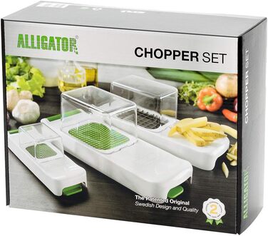 ALLIGATOR 3002 - 3-in-1 Multifunction Cutter - Vegetable, Onion, and French Fry Cutter - 3 Interchangeable Blades - 3x3 mm, 6x6 mm, 12x12 mm - BPA-free - White and Green
