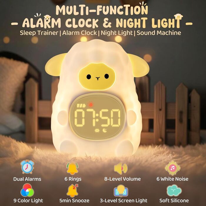Alarm clock with night light for children, featuring sleep training and sound machine functions, rechargeable silicone wake-up lamp, cute animal table lamp, perfect sleep companion for boys and girls.