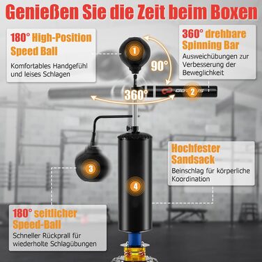 COSTWAY Стенд-бокс, боксерський мішок на стійці, регульована висота, 360° відбиваюча стійка, 2 швидкосні м'ячі, комплект боксерського мішка, кікбоксингу, MMA для дітей та дорослих, 173-213 см