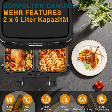 Фритюрниця повітряна з 2 камерами та вікном, 10л XXL, 8-в-1, сенсорний дисплей, таймер, без олії, здорове приготування