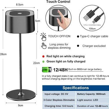 Акумуляторний LED настільний світильник з димером, 2 шт. Бездротовий сенсорний світильник USB-C, металевий, водонепроникний (IP54), 5600mAh, 5W, чорний