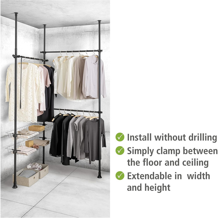 WENKO Telescopic System Hercules Duo, 3 Clothes Rails, 2 Storage Baskets, Extendable, Powder-Coated Metal, 164-215 x 165-300 x 38 cm, Matte Black