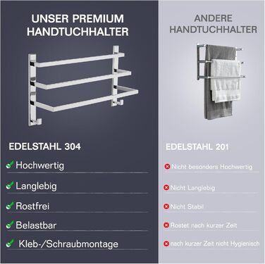 Тримач для рушників без свердління для ванної кімнати | Без бактерій | Прихований кріплення | Тримач рушників з гачками - нержавіюча сталь SUS 304, нержавіюча сталь, полірована | з дзеркальним покриттям