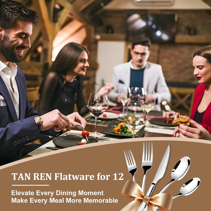 Набір столових приборів TAN REN, чорний, 48 предметів (8 осіб), з ножем для стейка, нержавіюча сталь