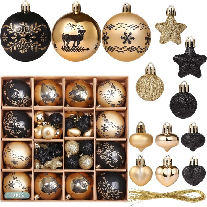 Кріплення для ялинки Kesote: 52 золоті та чорні ялинкові кулі для декору на Різдво та святкування