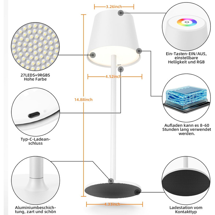 LED-лампа Qsky настільна бездротова диммерна акумуляторна, перезарядна тепле світло 3000K+RGB, алюміній, вологостійка для ресторану, спальні, бару, IP54 (срібна 2 шт.) (біла 2 шт.)