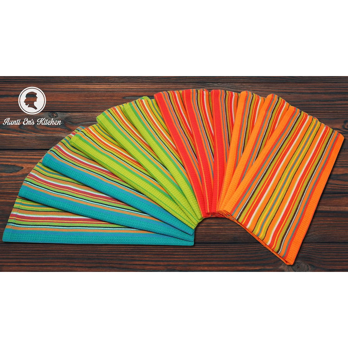 Salsa Striped Kitchen Towels, 100% Natural Absorbent Cotton, Waffle Weave, Multi-Purpose, Festive, Red, Orange, Green, Blue, 28 x 16 inches, 12 Pieces