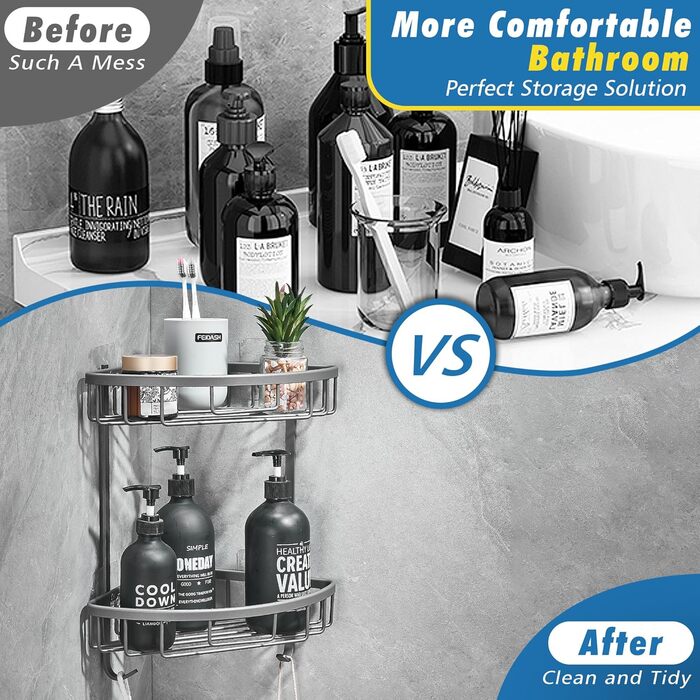 Поличка для душу GRICOL Eck-Duschregal без свердління, металева, кутова, з 2 гачками, для зберігання в ванній кімнаті, 2 яруси, нержавіюча сталь, сірий колір