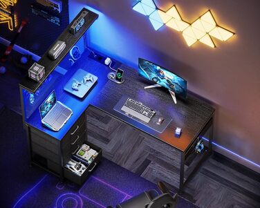 Ігровий стіл Coleshome з LED підсвічуванням, 110x80 см. Реверсивний стіл з шухлядами та розетками, кутовий стіл з полицею та місцем для зберігання, чорний