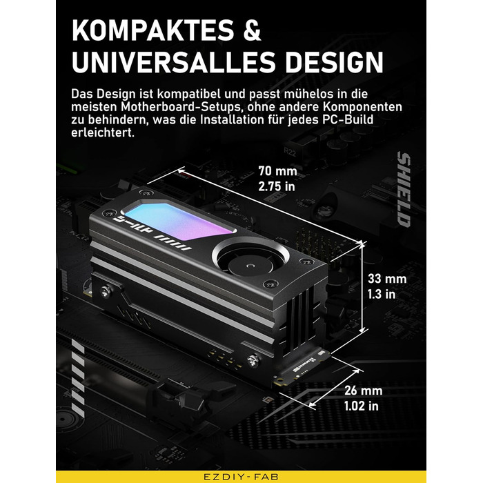 Охолоджувач SSD M.2 EZDIY-FAB Shield ARGB з вентилятором 20mm PWM, алюмінієвий корпус, підтримка ARGB 5V 3-Pin, чорний, 1 шт.