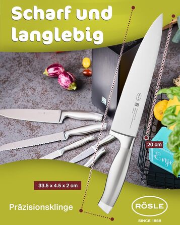 Ніж кухарський RÖSLE Basic Line 20 см - високоякісний ніж для м'яса, риби, птиці та овочів, нержавіюча сталь 18/10, ергономічна ручка, гострий ніж для кухні