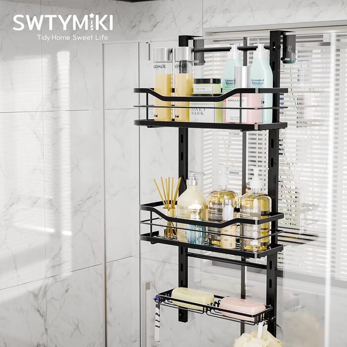 SWTYMIKI Adjustable Hanging Shower Shelf - No Drilling Shower Shelf for Glass Door, Stainless Steel Shower Shelf with Hooks and Soap Holder, Shampoo Holder for Shower, Black