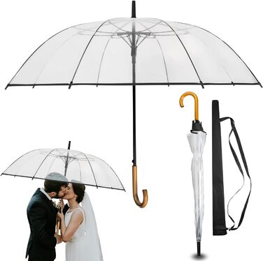 Logan & Barnes Transparent Wedding Umbrella with Real Wood Handle - 120cm Large Umbrella for 2 People - Cardiff XL Model - 120cm Transparent Umbrella with Black Trim