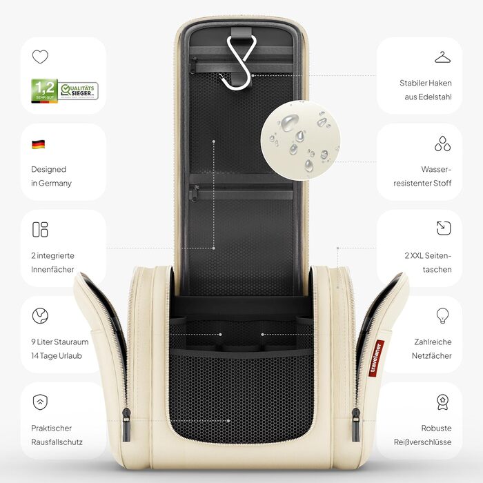 Чоловіча/жіноча/дитяча дорожня косметичка-органайзер Traveaner, 7 відділень, 3-в-1, XXL, водовідштовхувальна, кремово-бежева